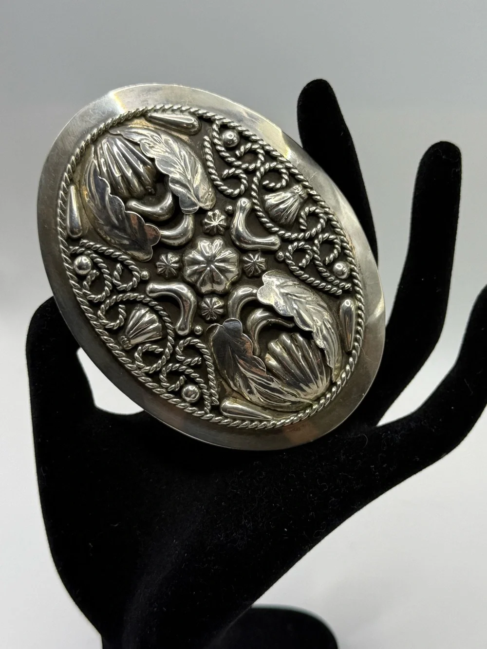 Vintage Sterling Silver Oval Floral Statement Belt Buckle Made in Mexico